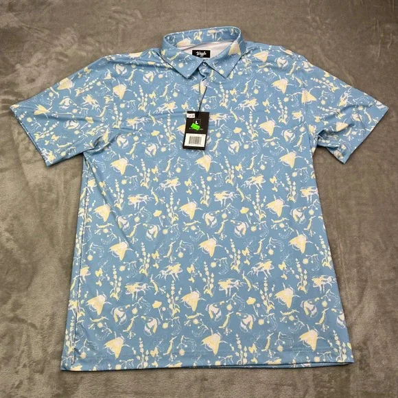 Waggle Buzzin Polo Shirt Mens Small Blue Yellow Bee Floral Performance Stretch - Picture 2 of 11